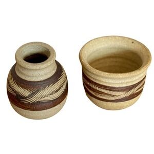 Signed Mini Pottery Vessels Set of 2 Rustic Southwest Decor Earth Tones